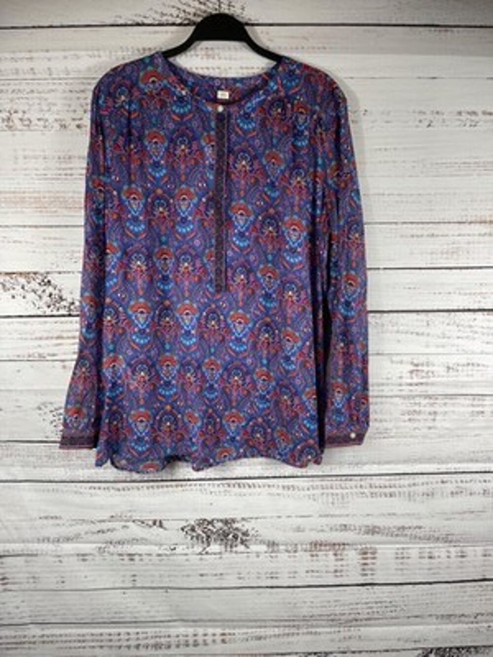 LOFT Blouse Womens XL Blue Paisley Print Henley Tunic Long Sleeve Top Boho